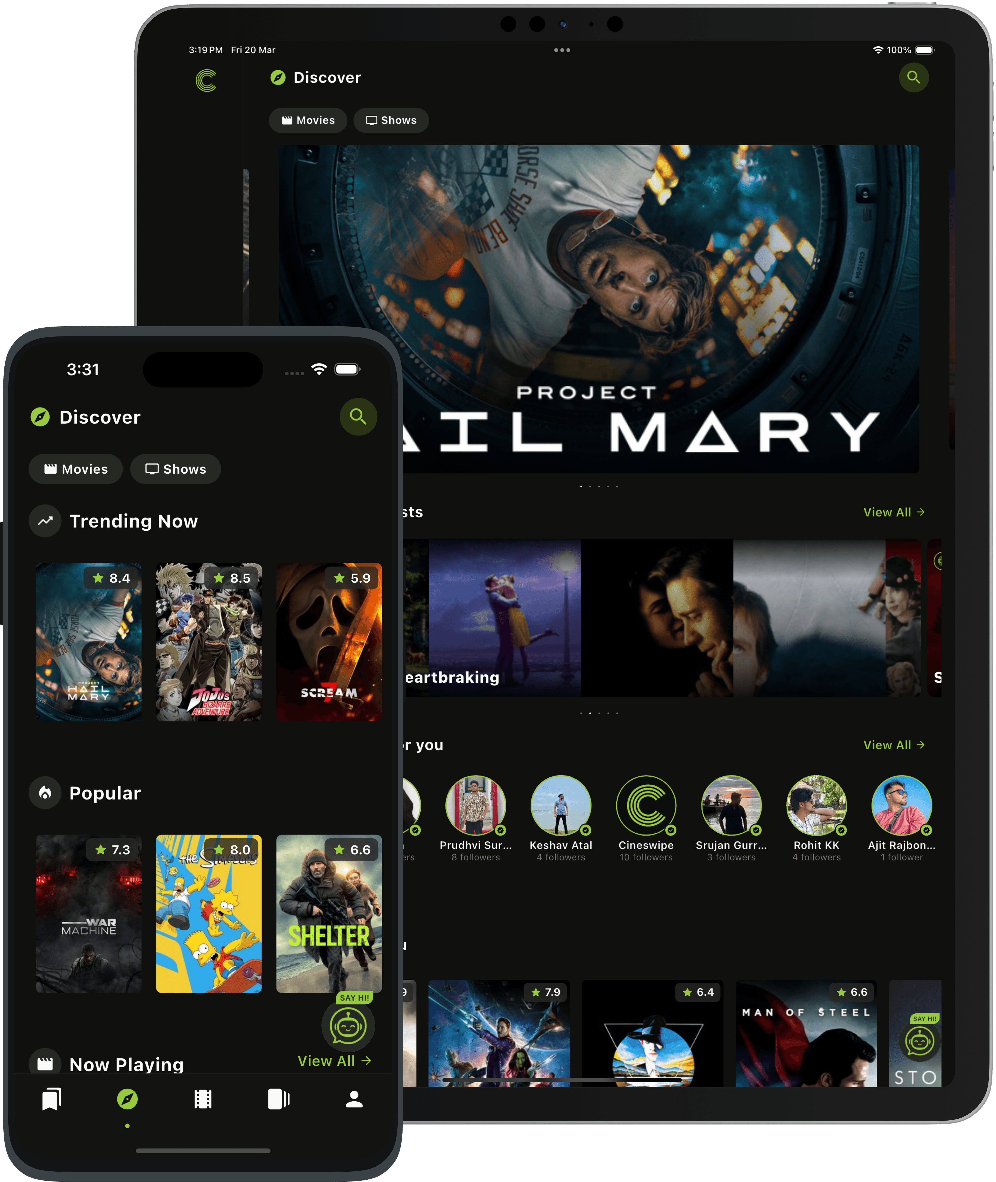 Cineswipe app screens